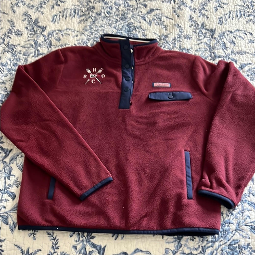 Maroon Fleece Pullover with Navy Accents